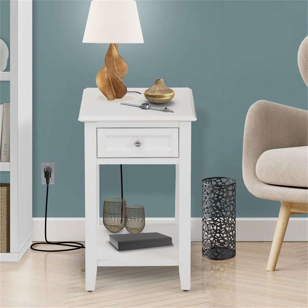 East West Furniture DE-05-ET Denison Side Table - Rectangle End Table with a Drawer for Bedroom, 24x19 Inch, White